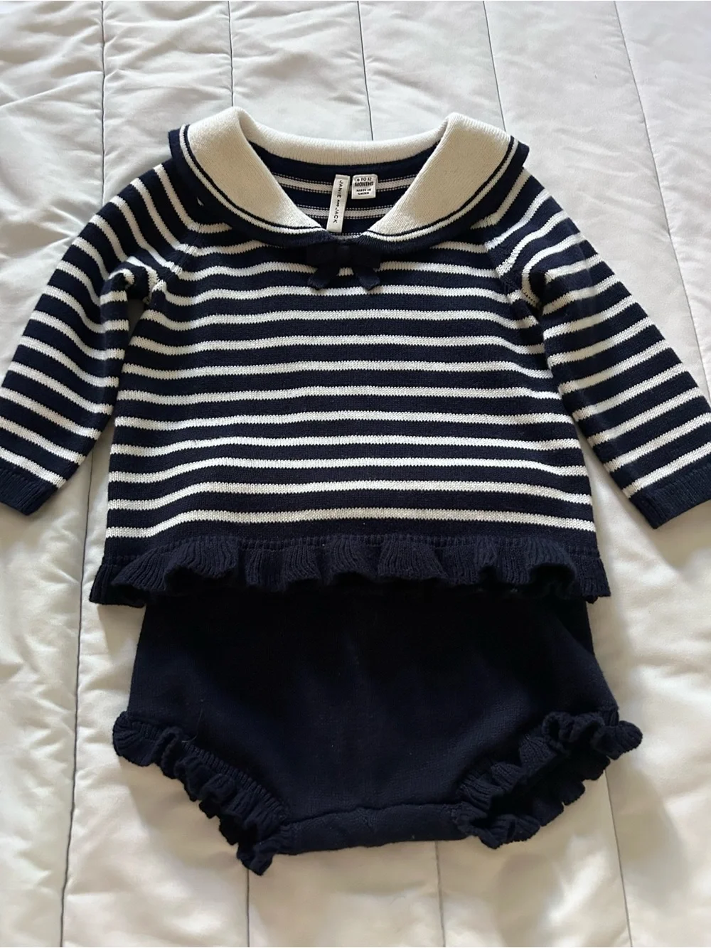 Janie and Jack Navy & White Striped Sailor Sweater Top with Navy Ruffle Bloomers